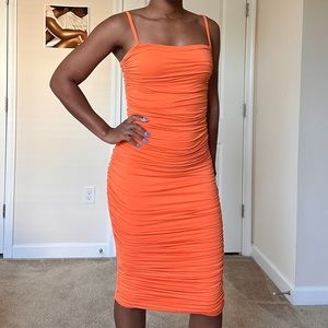 JLUXLABEL Orange Ruched Midi Dress